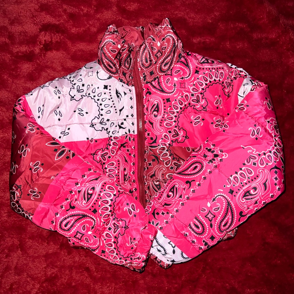 Pink paisley patchwork puffer